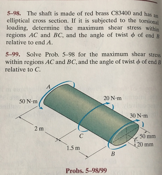 5-98. The shaft is made of red brass C83400 and has an
elliptical cross section. If it is subjected to the torsional
loading, determine the maximum shear stress within
regions AC and BC, and the angle of twist of end B
relative to end A.
5-99. Solve Prob. 5-98 for the maximum shear stress
within regions AC and BC, and the angle of twist of end B
relative to C.
50 N·m
2 m
A
C
1.5 m
20 N·m
Probs. 5-98/99
B
30 N.m
50 mm
20 mm