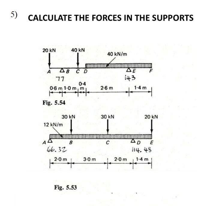 5)
CALCULATE THE FORCES IN THE SUPPORTS
20 kN
A
AB C D
77
Fig. 5.54
A
40 kN
0-6 m 1-0 m
F+tt
12 kN/m
30 kN
66.32
2.0 m
B
0-4
Fig. 5.53
3.0 m
40 kN/m
2-6 m
30 kN
+
ΔΕ
143
2.0 m
1.4 m
|
20 kN
AD
114.48
1.4 m
E