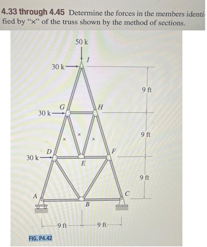 4.33 through 4.45 Determine the forces in the members identi
fied by "x" of the truss shown by the method of sections.
30 k-
A
D
30 k-
30 k-
G
|9
FIG. P4.42
X
-9 ft-
50 k
X
E
B
H
-9 ft
F
C
9 ft
9 ft
9 ft
