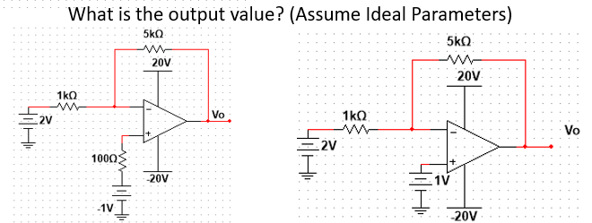 = 2V
What is the output value? (Assume Ideal Parameters)
5kQ
5kQ
ww
20V
1kQ
1000
-20V
Vo
CHI
2V
1kQ
4H
I
1V
20V
-20V
Vo