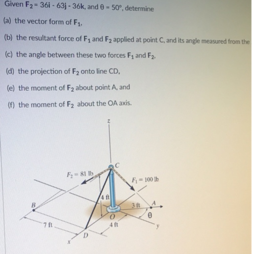 Given F2= 36i - 63j - 36k, and 0= 50°, determine
(a) the vector form of F1,
(b) the resultant force of F, and F2 applied at point C, and its angle measured from the
(c) the angle between these two forces F, and F2.
