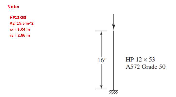 Note:
HP12X53
Ag=15.5 in^2
rx = 5.04 in
ry = 2.86 in
16'
HP 12 × 53
A572 Grade 50
