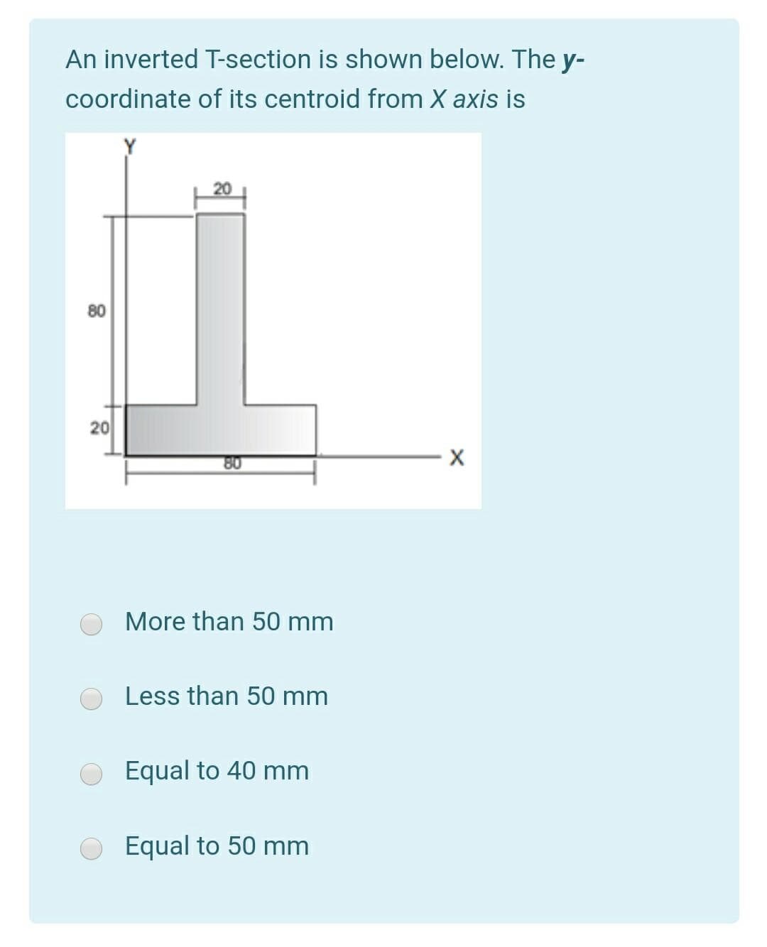 An inverted T-section is shown below. The y-
coordinate of its centroid from X axis is
80
20
80
More than 50 mm
Less than 50 mm
Equal to 40 mm
Equal to 50 mm
