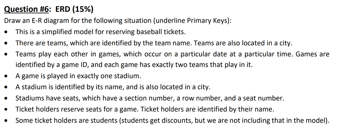 Question #6: ERD (15%)
Draw an E-R diagram for the following situation (underline Primary Keys):
• This is a simplified model for reserving baseball tickets.
• There are teams, which are identified by the team name. Teams are also located in a city.
Teams play each other in games, which occur on a particular date at a particular time. Games are
identified by a game ID, and each game has exactly two teams that play in it.
•
A game is played in exactly one stadium.
•
●
A stadium is identified by its name, and is also located in a city.
Stadiums have seats, which have a section number, a row number, and a seat number.
● Ticket holders reserve seats for a game. Ticket holders are identified by their name.
Some ticket holders are students (students get discounts, but we are not including that in the model).