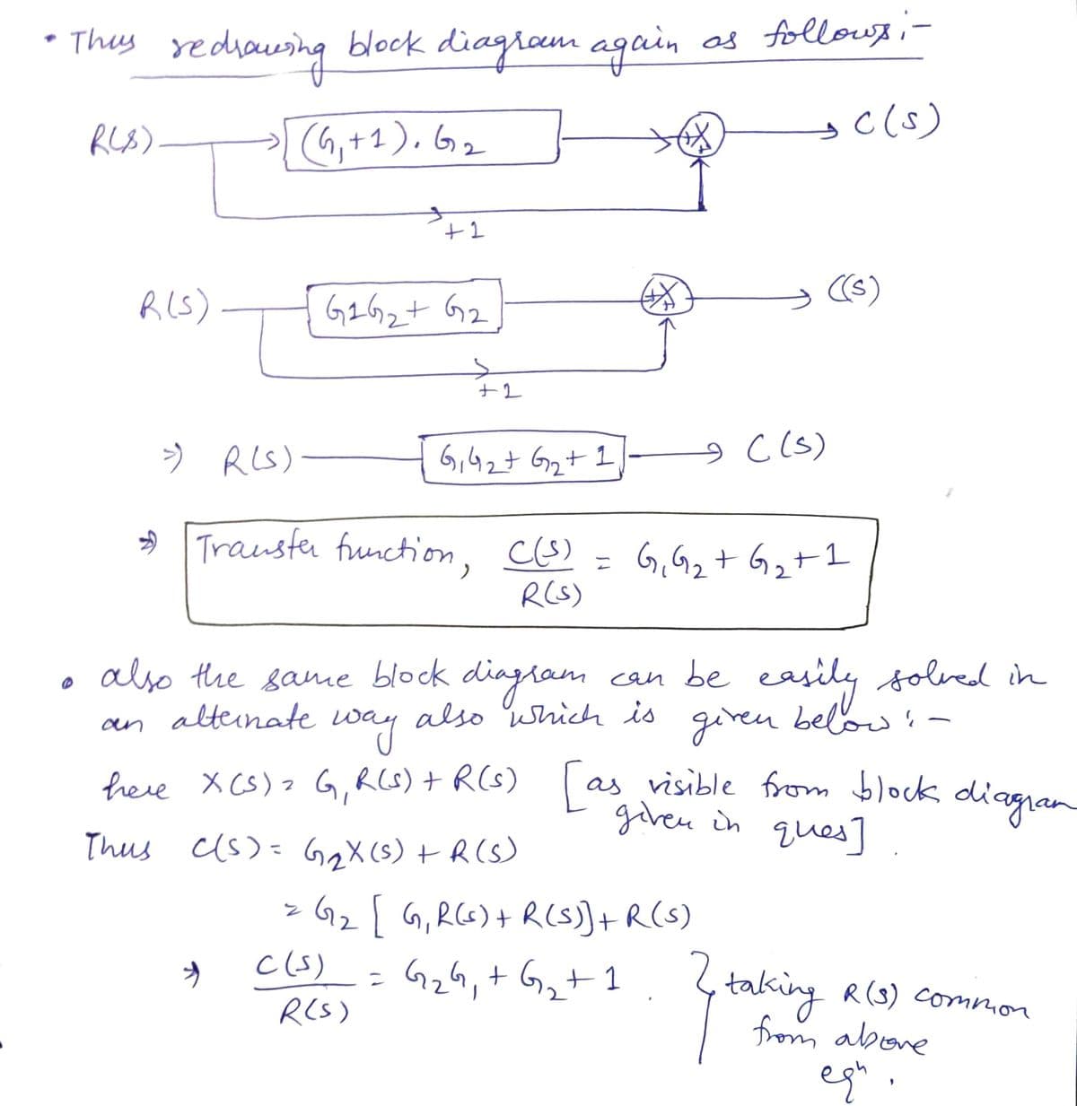 • They rediauing block diagram again
af follows ;-
c(s)
(G,+1), G2
RIS)-
G2G2+ G2
(6)
>» RLS)-
G,42+ G2+ I
c (s)
Trauster function, cG)
G,G2+ G2t
ニ
RCS)
also the same block diagram
also which is
can be easilyfolved in
の
alteinate
given
belowi-
: -
an
here x CS) > G, RCG)+ R(s) as visible from block
given in ques]
diagram
Thus us)= GaX(s) +R(s)
> G2 [ G,RG6)+ R(S))+R(S)
c(s)
-- G24,+ G,+1
RCS)
R(3) Common
taking
from abore
