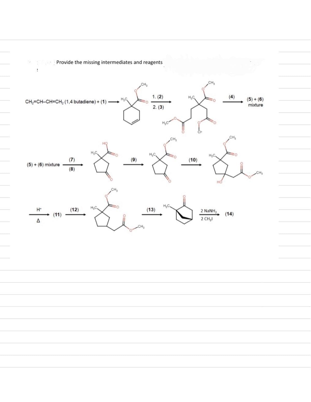 Provide the missing intermediates and reagents
CH
CH2=CH-CH=CH2 (1,4 butadiene) + (1).
H.C
1. (2)
H.C
2. (3)
H₂C
HQ
H.C
(7)
(5)+(6) mixture
(8)
H*
H.C
(12)
(11)
A
CH₂
CH₂
H.C
CH
CH,
(4)
(5)+(6)
mixture
H₂C
(10)
HO
CH
H,C
(13)
2 NaNH,
(14)
2 CH₂l
CH₂