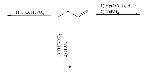 1) Hg(OAc)2, H20
2) NABH4
1) H-0, Н,РОд
1) THF-BH3
2) H;O2
