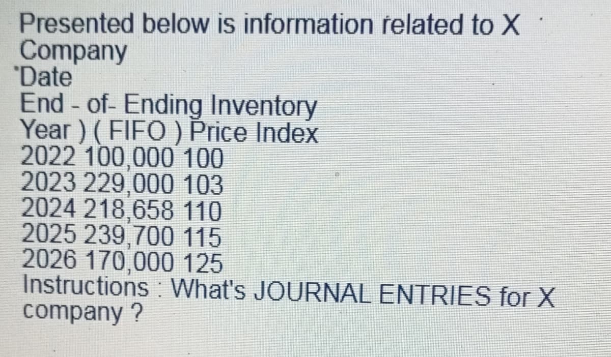 Presented below is information related to X
Company
"Date
End - of- Ending Inventory
Year ) ( FIFO ) Price Index
2022 100,000 100
2023 229,000 103
2024 218,658 110
2025 239,700 115
2026 170,000 125
Instructions : What's JOURNAL ENTRIES for X
company ?
