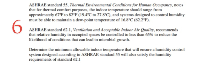 ASHRAE standard 55, Thermal Environmental Conditions for Human Occupancy, notes
that for thermal comfort purposes, the indoor temperature should range from
approximately 67°F to 82°F (19.4°C to 27.8°C), and systems designed to control humidity
must be able to maintain a dew-point temperature of 16.8°C (62.2°F).
6.
ASHRAE standard 62.1, Ventilation and Acceptable Indoor Air Quality, recommends
that relative humidity in occupied spaces be controlled to less than 65% to reduce the
likelihood of conditions that can lead to microbial growth.
Determine the minimum allowable indoor temperature that will ensure a humidity control
system designed according to ASHRAE standard 55 will also satisfy the humidity
requirements of standard 62.1
