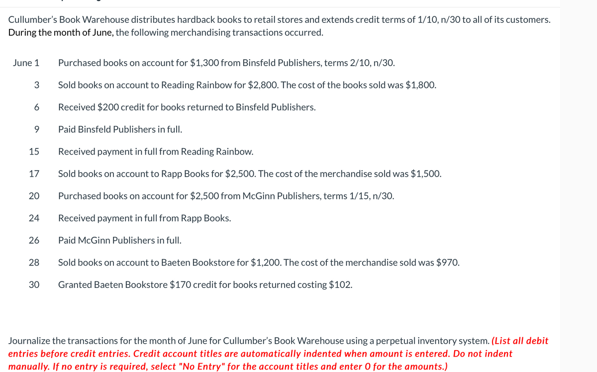Cullumber's Book Warehouse distributes hardback books to retail stores and extends credit terms of 1/10, n/30 to all of its customers.
During the month of June, the following merchandising transactions occurred.
June 1
Purchased books on account for $1,300 from Binsfeld Publishers, terms 2/10, n/30.
3
Sold books on account to Reading Rainbow for $2,800. The cost of the books sold was $1,800.
6
Received $200 credit for books returned to Binsfeld Publishers.
9.
Paid Binsfeld Publishers in full.
15
Received payment in full from Reading Rainbow.
17
Sold books on account to Rapp Books for $2,500. The cost of the merchandise sold was $1,500.
Purchased books on account for $2,500 from McGinn Publishers, terms 1/15, n/30.
24
Received payment in full from Rapp Books.
26
Paid McGinn Publishers in full.
28
Sold books on account to Baeten Bookstore for $1,200. The cost of the merchandise sold was $970.
30
Granted Baeten Bookstore $170 credit for books returned costing $102.
Journalize the transactions for the month of June for Cullumber's Book Warehouse using a perpetual inventory system. (List all debit
entries before credit entries. Credit account titles are automatically indented when amount is entered. Do not indent
manually. If no entry is required, select "No Entry" for the account titles and enter 0 for the amounts.)
20

