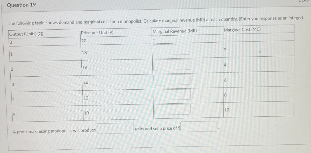 Question 19
The following table shows demand and marginal cost for a monopolist. Calculate marginal revenue (MR) at each quantity. (Enter you response as an integer).
Output (Units) (Q)
0
Price per Unit (P)
20
Marginal Revenue (MR)
Marginal Cost (MC)
2
18
16
14
3
5
12
10
A profit-maximizing monopolist will produce
units and set a price of $
2
4
6
8
10