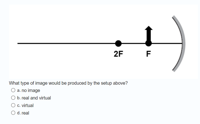2F
F
What type of image would be produced by the setup above?
O a. no image
O b. real and virtual
c. virtual
O d. real
