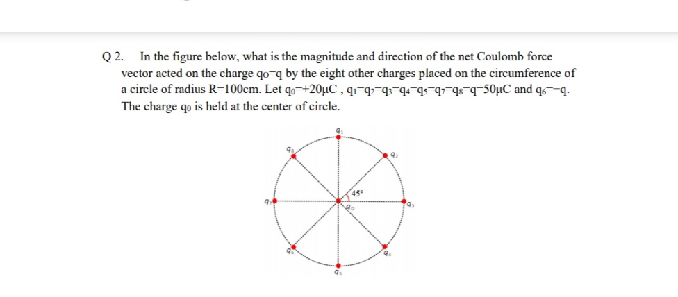 Q 2.
In the figure below, what is the magnitude and direction of the net Coulomb force
vector acted on the charge qo=q by the eight other charges placed on the circumference of
a circle of radius R=100cm. Let qo=+20µC , qı=q²=q3=q4=
1=qs=q=50µC and q6=-q.
The charge qo is held at the center of circle.
9.
45°
9s
