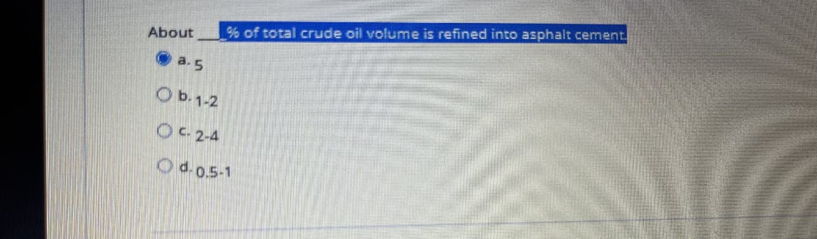% of total crude oil volume is refined into asphalt cement.
About
a.5
Ob.1-2
O 24
Od.05-1
