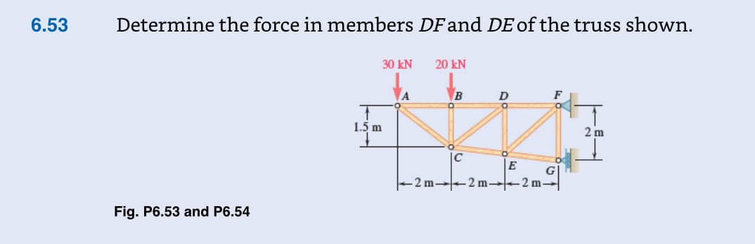 6.53
Determine the force in members DFand DE of the truss shown.
30 kN
20 kN
to
B
D
F
1.5 m
2 m
E
G
-2 m-2 m→2 m-
Fig. P6.53 and P6.54
