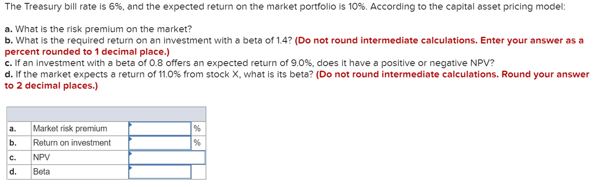 The Treasury bill rate is 6%, and the expected return on the market portfolio is 10%. According to the capital asset pricing model:
a. What is the risk premium on the market?
b. What is the required return on an investment with a beta of 1.4? (Do not round intermediate calculations. Enter your answer as a
percent rounded to 1 decimal place.)
c. If an investment with a beta of 0.8 offers an expected return of 9.0%, does it have a positive or negative NPV?
d. If the market expects a return of 11.0% from stock X, what is its beta? (Do not round intermediate calculations. Round your answer
to 2 decimal places.)
Market risk premium
|%
a.
b.
Return on investment
%
с.
NPV
d.
Beta

