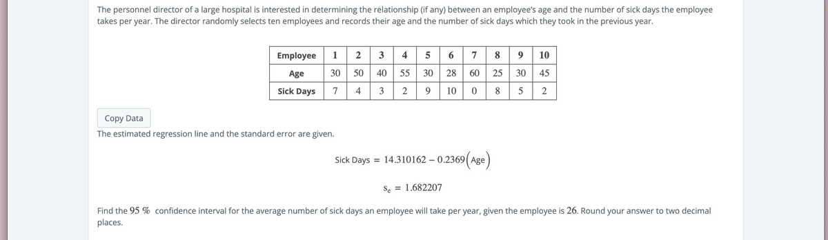 The personnel director of a large hospital is interested in determining the relationship (if any) between an employee's age and the number of sick days the employee
takes per year. The director randomly selects ten employees and records their age and the number of sick days which they took in the previous year.
Employee 1 2 3 4 5 6 7 8
Age
30 50 40 55 30 28 60
25
Sick Days
7
4
3 2 9
10
0
8
Copy Data
The estimated regression line and the standard error are given.
Sick Days
= 14.310162 - 0.2369(Age
9 10
30 45
5 2
Se = 1.682207
Find the 95% confidence interval for the average number of sick days an employee will take per year, given the employee is 26. Round your answer to two decimal
places.