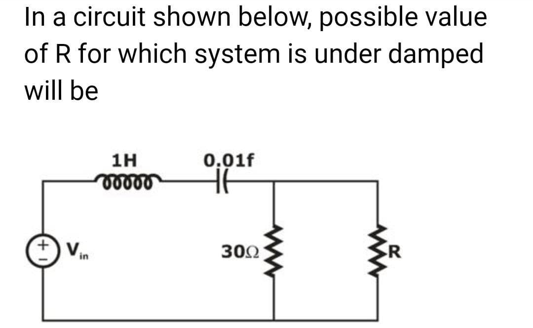 In a circuit shown below, possible value
of R for which system is under damped
will be
1H
00000
Vin
0.01f
HE
300
www
R