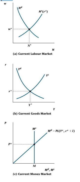 N' (r*)
X
N*
Nd
P*
(a) Current Labour Market
yd
X
(b) Current Goods Market
Ms
M
Md=PL(Y*, r* + i)
Md, Ms
(c) Current Money Market