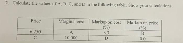 2. Calculate the values of A, B, C, and D in the following table. Show your calculations.
Price
Marginal cost Markup on cost Markup on price
(%)
(%)
6,250
A
5.3
B
C
10,000
D
0.0