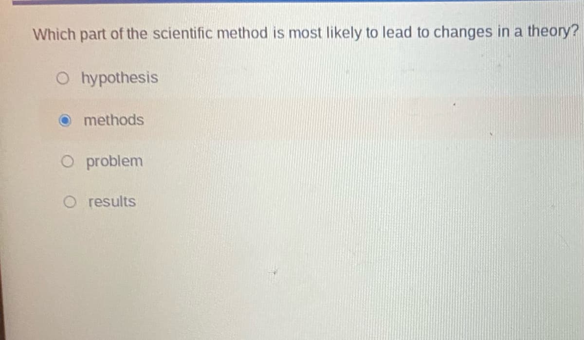Which part of the scientific method is most likely to lead to changes in a theory?
O hypothesis
methods
O problem
O results
