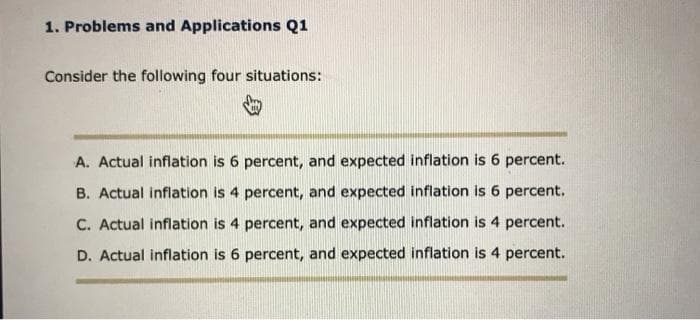 1. Problems and Applications Q1
Consider the following four situations:
A. Actual inflation is 6 percent, and expected inflation is 6 percent.
B. Actual inflation is 4 percent, and expected inflation is 6 percent.
C. Actual inflation is 4 percent, and expected inflation is 4 percent.
D. Actual inflation is 6 percent, and expected inflation is 4 percent.