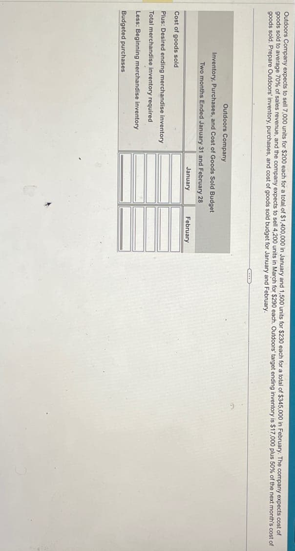 Outdoors Company expects to sell 7,000 units for $200 each for a total of $1,400,000 in January and 1,500 units for $230 each for a total of $345,000 in February. The company expects cost of
goods sold to average 70% of sales revenue, and the company expects to sell 4,200 units in March for $290 each. Outdoors' target ending inventory is $17,000 plus 50% of the next month's cost of
goods sold. Prepare Outdoors' inventory, purchases, and cost of goods sold budget for January and February.
Outdoors Company
Inventory, Purchases, and Cost of Goods Sold Budget
Two months Ended January 31 and February 28
Cost of goods sold
Plus: Desired ending merchandise inventory
Total merchandise inventory required
Less: Beginning merchandise inventory
Budgeted purchases
January
February