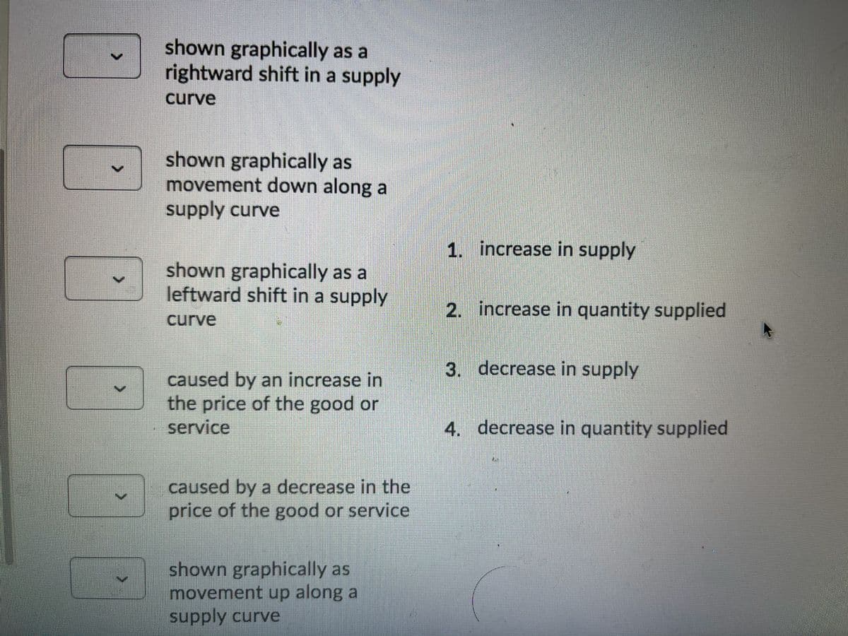 shown graphically as a
rightward shift in a supply
curve
shown graphically as
movement down along a
supply curve
1. increase in supply
shown graphically as a
leftward shift in a supply
2. increase in quantity supplied
curve
3. decrease in supply
caused by an increase in
the price of the good or
service
4. decrease in quantity supplied
caused by a decrease in the
price of the good or service
shown graphically as
movement up along a
supply curve
