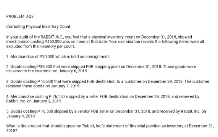 PROBLEM 3-22
Correcting Physical Inventory Count
In your audit of the RABBIT, INC., you find that a physical inventory count on December 31, 2018, showed
merchandise costing P463,000 was on hand at that date. Your examination reveals the following items were all
excluded from the inventory per count.
1. Merchandise of P20,000 which is held on consignment.
2. Goods costing P39,500 that were shipped FOB shipping point on December 31, 2018. These goods were
delivered to the customer on January 6, 2019.
3. Goods costing P 16,800 that were shipped FOB destination to a customer on December 29, 2018. The customer
received these goods on January 2, 2019.
4. Merchandise costing P 76,150 shipped by a seller FOB destination on December 28, 2018, and received by
Rabbit, Inc. on January 3, 2019.
5. Goods costing P 16,500 shipped by a vendor FOB seller on December 31, 2018, and received by Rabbit, Inc. on
January 4, 2019.
What is the amount that should appear on Rabbit, Inc.'s statement of financial position as inventory at December 31,
2018?