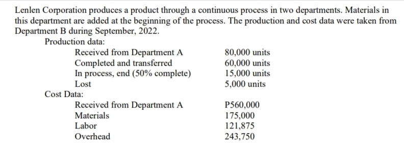 Lenlen Corporation produces a product through a continuous process in two departments. Materials in
this department are added at the beginning of the process. The production and cost data were taken from
Department B during September, 2022.
Production data:
Received from Department A
Completed and transferred
In process, end (50% complete)
Lost
Cost Data:
Received from Department A
Materials
Labor
Overhead
80,000 units
60,000 units
15,000 units
5,000 units
P560,000
175,000
121,875
243,750