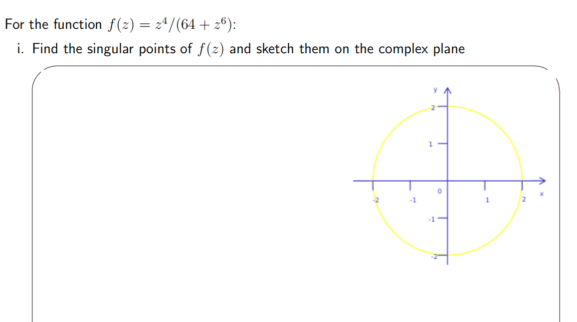 For the function f(z) = 24/(64 + 26):
i. Find the singular points of ƒ (2) and sketch them on the complex plane
-2
-1
-1
1
1