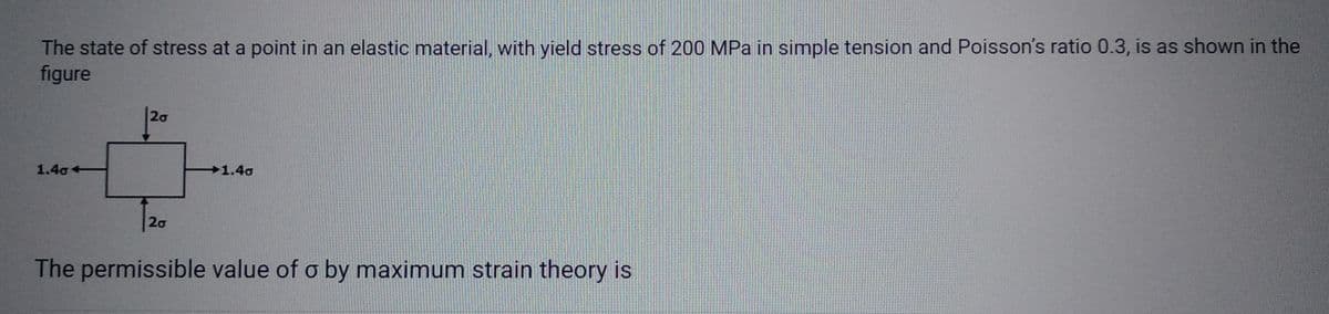 The state of stress at a point in an elastic material, with yield stress of 200 MPa in simple tension and Poisson's ratio 0.3, is as shown in the
figure
1.40+
20
20
→1.40
The permissible value of o by maximum strain theory is