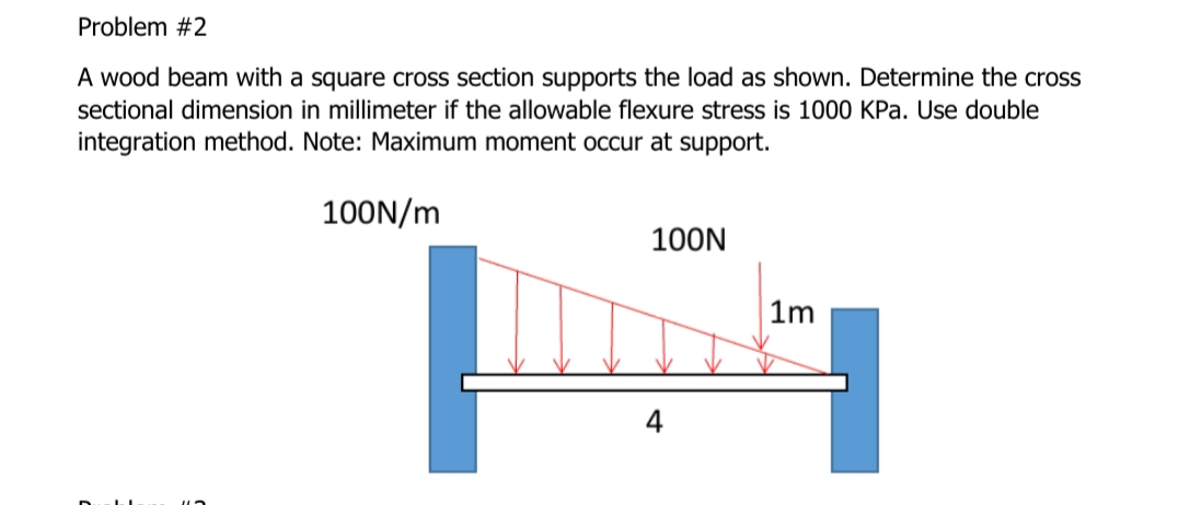 Problem #2
A wood beam with a square cross section supports the load as shown. Determine the cross
sectional dimension in millimeter if the allowable flexure stress is 1000 KPa. Use double
integration method. Note: Maximum moment occur at support.
100N/m
100N
1m
4
