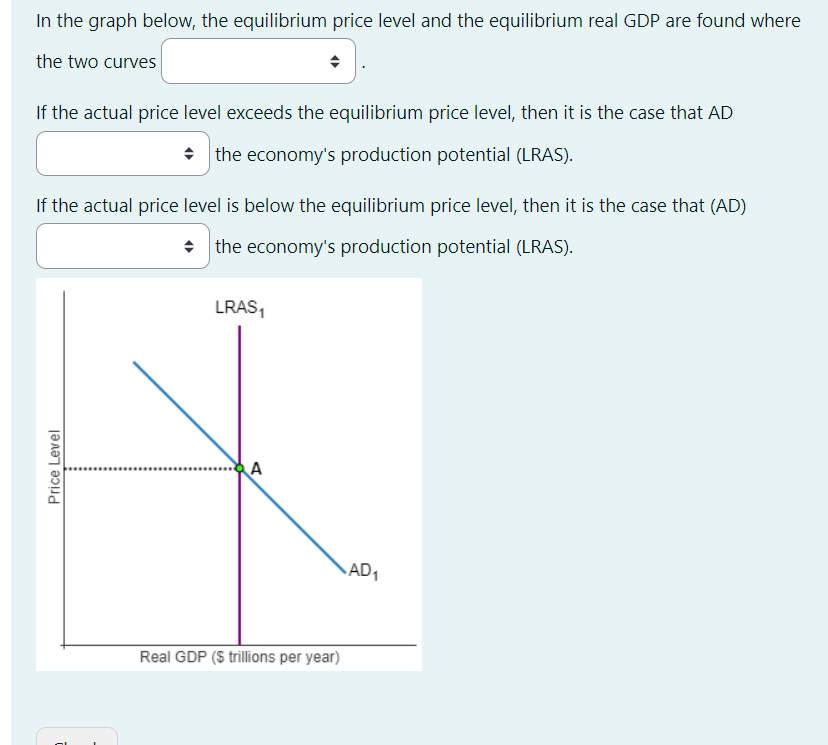In the graph below, the equilibrium price level and the equilibrium real GDP are found where
the two curves
If the actual price level exceeds the equilibrium price level, then it is the case that AD
the economy's production potential (LRAS).
If the actual price level is below the equilibrium price level, then it is the case that (AD)
◆ the economy's production potential (LRAS).
Price Level
LRAS₁
A
Real GDP ($ trillions per year)
AD₁