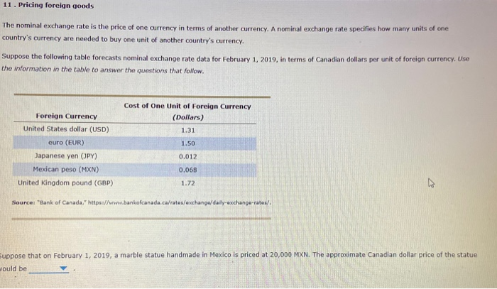 11. Pricing foreign goods
The nominal exchange rate is the price of one currency in terms of another currency. A nominal exchange rate specifies how many units of one
country's currency are needed to buy one unit of another country's currency.
Suppose the following table forecasts nominal exchange rate data for February 1, 2019, in terms of Canadian dollars per unit of foreign currency. Use
the information in the table to answer the questions that follow.
Foreign Currency
United States dollar (USD).
euro (EUR)
Japanese yen (JPY)
Mexican peso (MXN)
United Kingdom pound (GBP)
Cost of One Unit of Foreign Currency
(Dollars)
1.31
1.50
0.012
0.068
1.72
Source: "Bank of Canada," https://www.bankofcanada.ca/rates/exchange/daily-exchange-rates/.
Suppose that on February 1, 2019, a marble statue handmade in Mexico is priced at 20,000 MXN. The approximate Canadian dollar price of the statue
would be