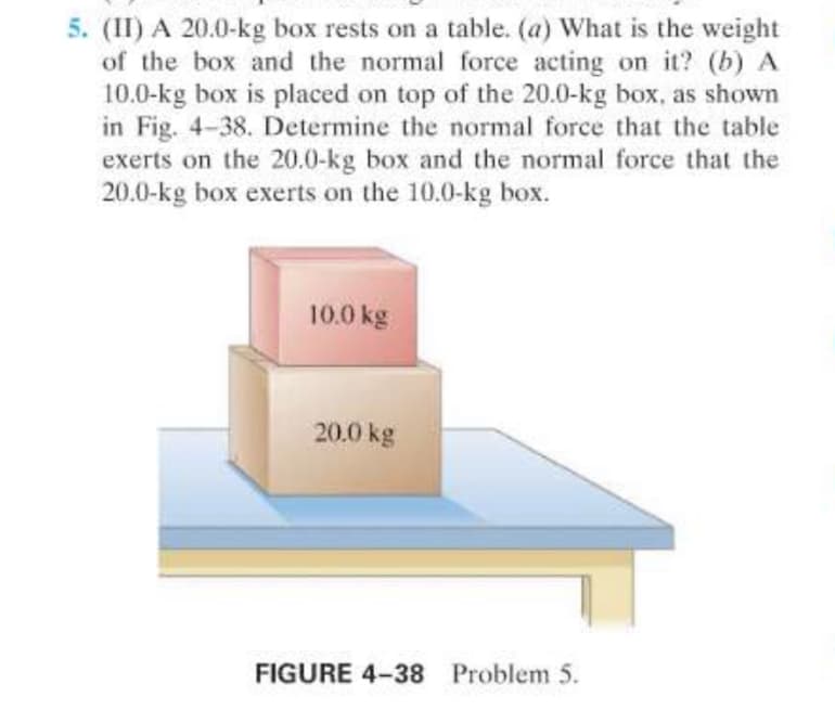 5. (II) A 20.0-kg box rests on a table. (a) What is the weight
of the box and the normal force acting on it? (b) A
10.0-kg box is placed on top of the 20.0-kg box, as shown
in Fig. 4-38. Determine the normal force that the table
exerts on the 20.0-kg box and the normal force that the
20.0-kg box exerts on the 10.0-kg box.
10.0 kg
20.0 kg
FIGURE 4-38 Problem 5.
