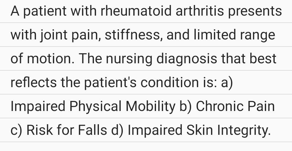 A patient with rheumatoid arthritis presents
with joint pain, stiffness, and limited range
of motion. The nursing diagnosis that best
reflects the patient's condition is: a)
Impaired Physical Mobility b) Chronic Pain
c) Risk for Falls d) Impaired Skin Integrity.