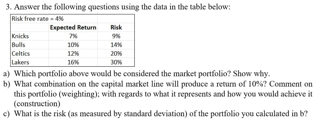 3. Answer the following questions using the data in the table below:
Risk free rate = 4%
Knicks
Bulls
Celtics
Lakers
Expected Return
7%
10%
12%
16%
Risk
9%
14%
20%
30%
a) Which portfolio above would be considered the market portfolio? Show why.
b) What combination on the capital market line will produce a return of 10%? Comment on
this portfolio (weighting); with regards to what it represents and how you would achieve it
(construction)
c) What is the risk (as measured by standard deviation) of the portfolio you calculated in b?
