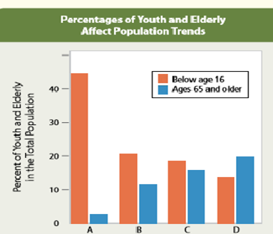 Percent of Youth and Elderly
in the Total Population
40
30
20
10
0
Percentages of Youth and Elderly
Affect Population Trends
B
Below age 16
Ages 65 and older
с
D