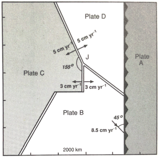 Plate D
5 cm yr
5 cm yr
Plate
A.
155°
Plate C
3 cm yr 3 cm yr
Plate B
450
8.5 cm yr
2000 km
