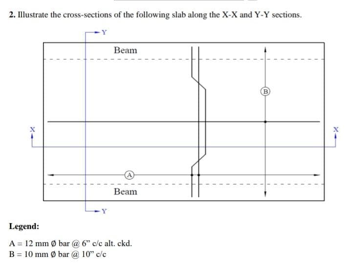 2. Illustrate the cross-sections of the following slab along the X-X and Y-Y sections.
X-
Y
Y
Beam
Beam
Legend:
A = 12 mm Ø bar @ 6" c/c alt. ckd.
B = 10 mm Ø bar @ 10" c/c
B