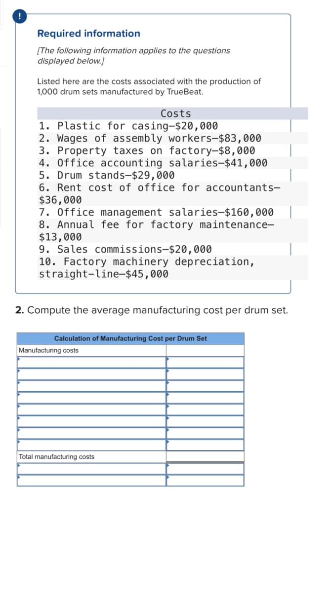 Required information
[The following information applies to the questions
displayed below.]
Listed here are the costs associated with the production of
1,000 drum sets manufactured by TrueBeat.
Costs
1. Plastic for casing-$20,000
2. Wages of assembly workers-$83,000
3. Property taxes on factory-$8,000
4. Office accounting salaries-$41,000
5. Drum stands-$29,000
6. Rent cost of office for accountants-
$36,000
7. Office management salaries-$160,000
8. Annual fee for factory maintenance-
$13,000
9. Sales commissions-$20,000
10. Factory machinery depreciation,
straight-line-$45,000
2. Compute the average manufacturing cost per drum set.
Calculation of Manufacturing Cost per Drum Set
Manufacturing costs
Total manufacturing costs
