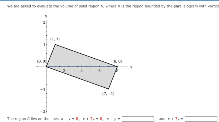 We are asked to evaluate the volume of solid region R, where R is the region bounded by the parallelogram with vertice
y
21
(1, 1)
1
(0, 0)
(8, 0)
2
4
6
-1
(7, –1)
-2F
The region R lies on the lines x - y = 8, x + 7y = 8, x - y = O
and x + 7y =
