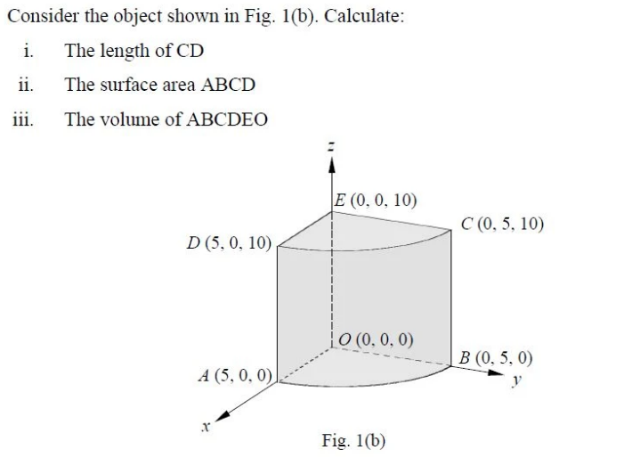 Consider the object shown in Fig. 1(b). Calculate:
i.
The length of CD
ii.
The surface area ABCD
iii.
The volume of ABCDEO
E (0, 0, 10)
C (0, 5, 10)
D (5, 0, 10)
|0 (0, 0, 0)
B (0, 5, 0)
A (5, 0, 0)
y
Fig. 1(b)
