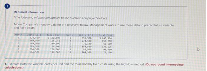 Required information
[The following information applies to the questions displayed below]
Alden Company's monthly data for the past year follow. Management wants to use these data to predict future variable
and fixed costs.
Month
1
2
3
4
5
Units Sold
324,500
169,500
269,500
209,500
294,500
194,500
Total Cost
$ 162,000
105,750
210,100
104,500
206,000
116,500
Honth
7
8
10
11
12
Units Sold
355,500
274,500
75,100
154,500
98,500
104,500
Total Cost
$ 245,564
156,250
60,500
135,125
98,500
77,150
1. Estimate both the variable costs per unit and the total monthly fixed costs using the high-low method. (Do not round intermediate
calculations.)
A