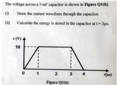 The voltage across a 5 mF capacitor is shown in Figure Q1(b).
(1)
Draw the current waveform through the capacitor.
(ii) Calculate the energy is stored in the capacitor at t= 3µs.
v (V)
16
1
2
4
t(us)
Figure Q1(b)
3.
