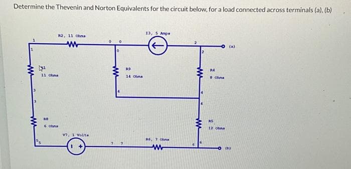Determine the Thevenin and Norton Equivalents for the circuit below, for a load connected across terminals (a), (b)
[1
R2, 11 Ohms
www
11 Ohms
RB
6 Ohms
V, 1 Volts
0
0
0
ww
R9
14 Ohms
13, 5 Amps
R6, 7 Ohms
www
R4
8 Ohms
RS
12 Ohms
(a)
-O (b)