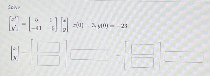 Solve
[]-
=
5
-41
1
x(0) = 3, y(0) = -23