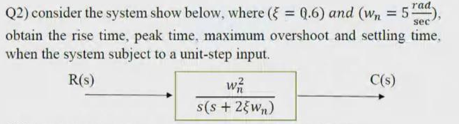 rad
Q2) consider the system show below, where ( = Q.6) and (wn =5:
%3D
%3D
sec
obtain the rise time, peak time, maximum overshoot and settling time,
when the system subject to a unit-step input.
R(s)
C(s)
s(s + 2{Wn)
