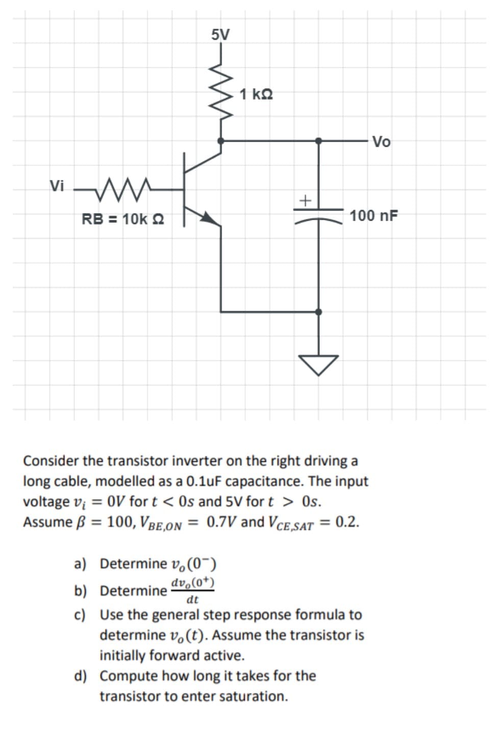 5V
1 kQ
Vo
Vi W
RB = 10k 2
100 nF
Consider the transistor inverter on the right driving a
long cable, modelled as a 0.1uF capacitance. The input
voltage vį = 0V for t < Os and 5V for t > Os.
Assume ß = 100, Vbe,on = 0.7V and Vce sat = 0.2.
a) Determine v.(0~)
dv,(0*)
b) Determine
dt
c) Use the general step response formula to
determine v,(t). Assume the transistor is
initially forward active.
d) Compute how long it takes for the
transistor to enter saturation.
